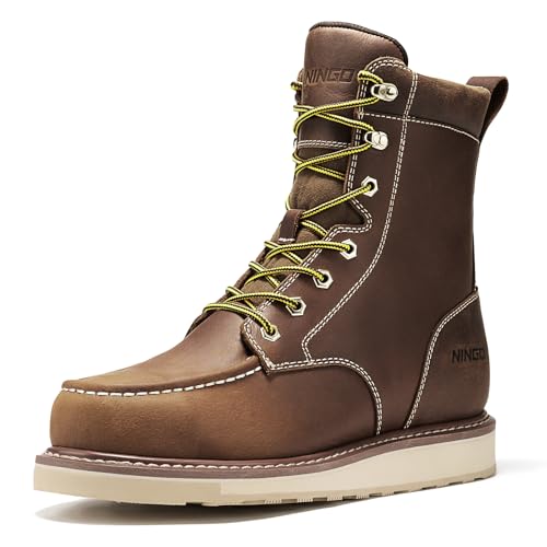NINGO Steel Toe Work Boots for Men, 8 Inch Waterproof Moc Toe Boots