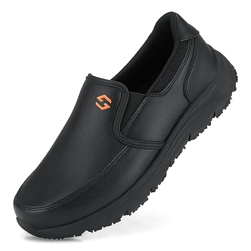 HISEA Non Slip Work Shoes for Men, Slip-On Loafers Chef Kitchen Shoes Black