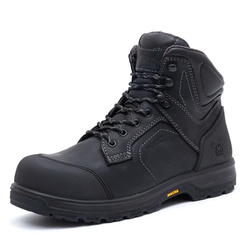 MWORK 6" Work Boots for Men - Waterproof Leather with ASTM F2413-18 Composite Safety Toe, EH Rated Anti-Fatigue Shoes with CoolMax Lining & Arch Support