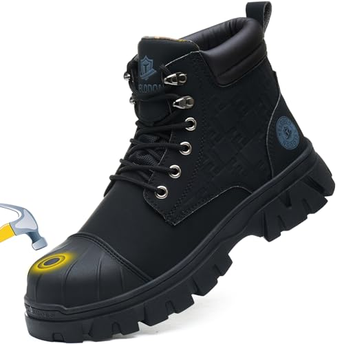 KELODON Waterproof Steel Toe Boots For Men 6 Inch Leather Steel Toe Shoes Non Slip Resistant Safety Work Boots Indestructible Lightweight Construction Boot,Black,US Size 9