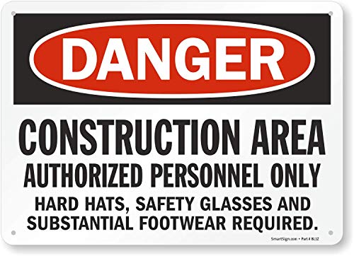 SmartSign - S-8968-Pl-14 "Danger - Construction Area, Authorized Personnel Only" Sign | 10" x 14" Plastic Black/Red on White